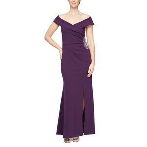 NWT Alex Evenings Summer Plum Stretch Crepe Off-the-shoulder Long Formal Dress